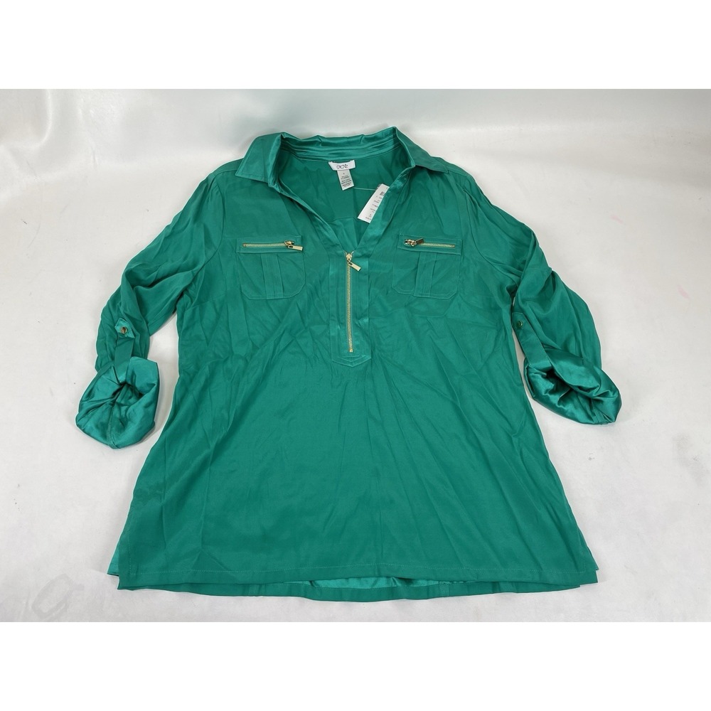 Cache‎ Silk Half Zip Roll Tab Sleeve Shirt Womens Size XL Green NWT